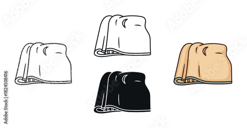 Four folded bath towel illustration icons in a set with various graphic styles like outline, solid glyph, sketch, and a simple colored cartoon drawing