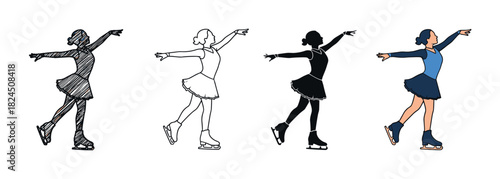 Set of four figure skater illustrations showing a woman in different artistic styles including silhouette, line art, scribble, and a flat color version for graphic design