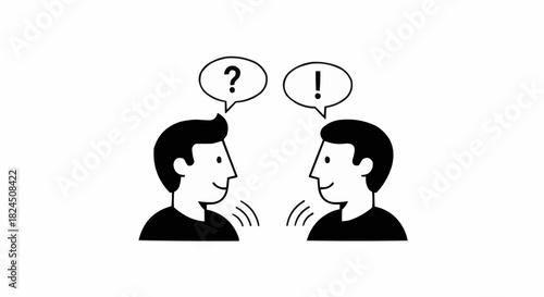 Two people talking with speech bubbles question and exclamation marks.