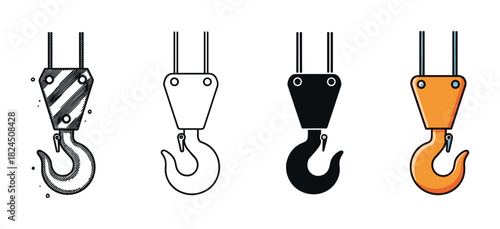 Industrial crane hook vector icon set featuring four distinct styles: a textured hand-drawn sketch, a minimalist outline, a bold black silhouette, and a modern flat color design