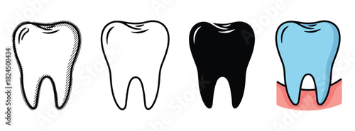 Set of four tooth icons showing different artistic styles including a hand-drawn sketch, a simple outline, a solid silhouette, and a colorful cartoon version with a gum