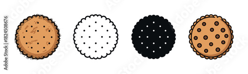 Set of four round biscuit icons in various graphic styles including a detailed cracker, outline, silhouette, and a chocolate chip cookie illustration for food concepts