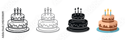 Set of four birthday cake illustrations showing different styles including sketch, line art, silhouette, and flat color design, each with two tiers, frosting, and three lit candles