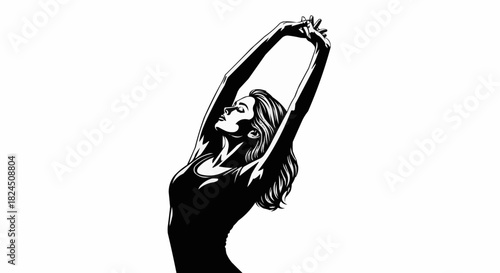 Elegant Woman Stretching Arms Upwards in Silhouette.