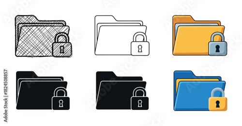Locked folder icon variations in multiple styles including hand-drawn sketch, line art, silhouette, and flat color for data security and privacy concepts