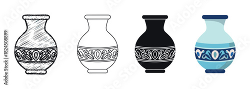Set of four decorative ceramic vases with traditional ornaments presented in various icon styles including sketch, line art, silhouette, and flat color vector illustration