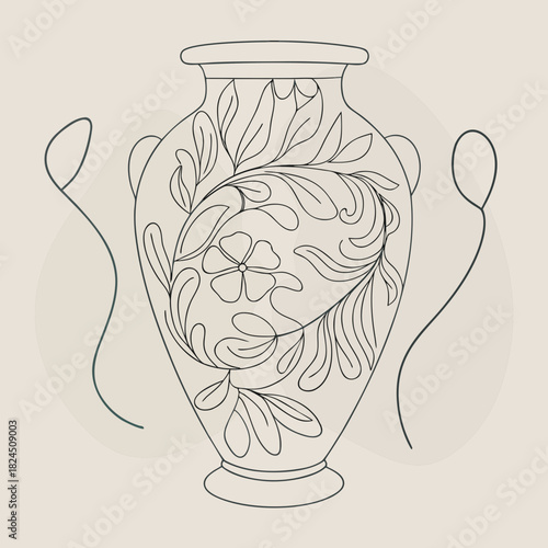 Elegant line art amphora with floral motifs and abstract swirls