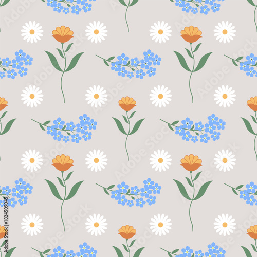 Flowers isolated on a beige background. Seamless pattern under clipping mask, convenient for editing. Tulip, forget me not, chamomile. Floral background for paper, cover, textile.