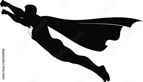 Flying superhero silhouette, wearing a flowing cape, surging forward with power and determination to save the day and achieve greatness
