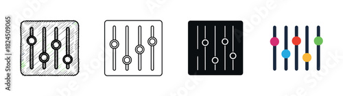 Four different styles of control panel icons showing adjustment sliders in sketch, line art, glyph, and flat color designs for user interface elements