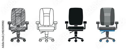 Set of four office chairs presented in different artistic styles, including a hand-drawn sketch, line art outline, black silhouette, and a flat color vector illustration for design concepts