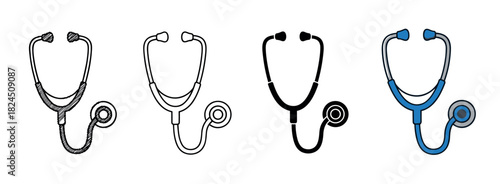 Four medical stethoscope icons in various styles including hand-drawn sketch, line art, solid black silhouette, and blue color fill for healthcare and medicine concepts