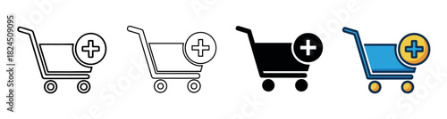 Set of add to cart icons showing a shopping trolley with a plus sign, presented in various graphic styles including outline, solid silhouette, and flat color vector illustration