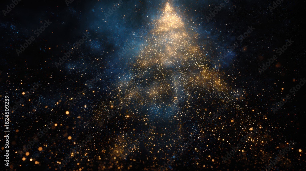 Fototapeta premium Abstract christmas tree formed by golden sparkling particles on a dark background with subtle blue smoky textures, festive holiday glitter concept art