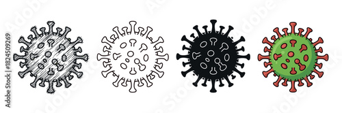 Four different hand drawn virus icons showing various artistic styles including sketch, outline, silhouette, and a full color cartoon illustration for medical or scientific concepts
