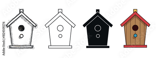 Set of four birdhouse illustrations showing different artistic styles including hand-drawn sketch, simple outline, solid silhouette, and a colorful flat cartoon design for graphic elements