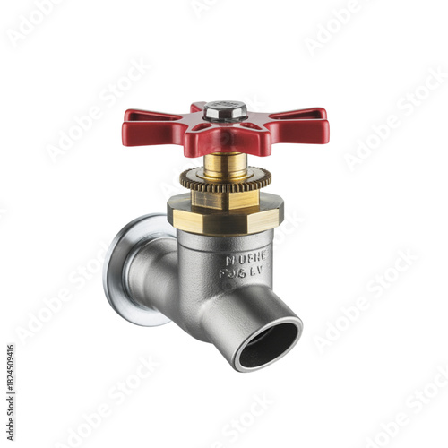 Metal stopcock with red handle, plumbing fixture isolated on transparent background