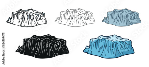 Set of five iceberg illustrations in various artistic styles including a detailed sketch, simple line art, a black silhouette, and a full color cartoon drawing