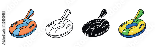 Set of inflatable snow tubes for winter fun, presented in colorful cartoon, simple line art, and solid black silhouette icon styles for graphic design