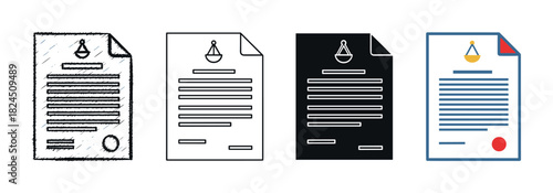 Legal document icon set with a scales of justice symbol in four different graphic styles including sketch, line art, glyph, and flat color for law and legal concepts