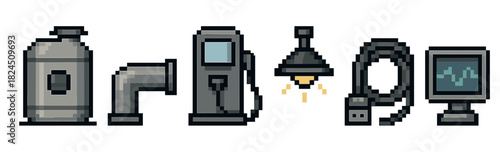 Collection of pixel art industrial icons featuring a metal tank, pipe, gas pump, hanging light, power cord, and computer screen in a retro 8-bit video game aesthetic