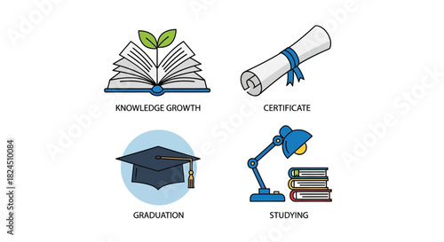 Vector illustration of knowledge growth, certificate, graduation and studying isolated on