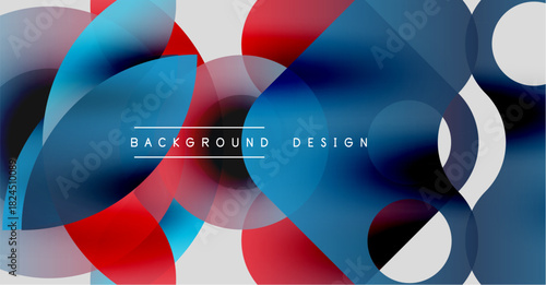 Abstract fluid shapes overlap. Blue, red, white colors blend creating dynamic background design. Modern aesthetic.
