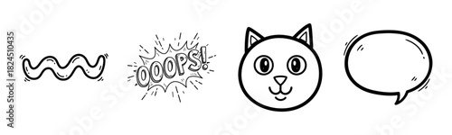 Comic doodles: squiggle, oops text, cat face, speech bubble in black and white