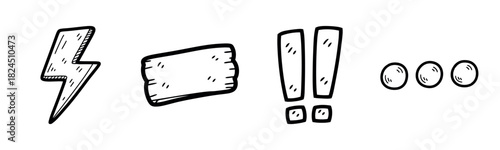 Hand-drawn comic style symbols: lightning bolt, blank sign, exclamation points, ellipsis