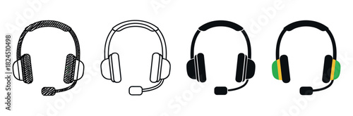 Four call center headset vector illustrations with microphones, showcasing various design styles including scribble, line art, solid black silhouette, and flat color