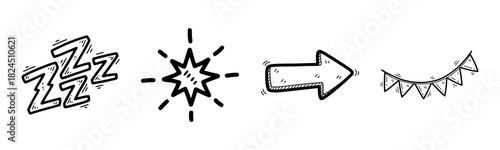 Doodle symbols: sleep, explosion, arrow, banner in black and white sketch style