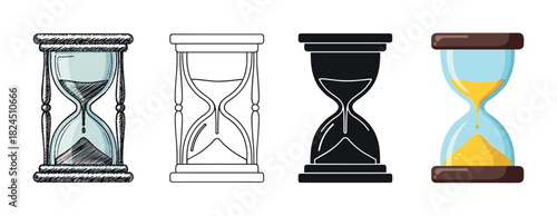 Four different hourglass illustrations presented in a collection of artistic styles from hand-drawn sketch and line art to a solid black silhouette and a colorful cartoon