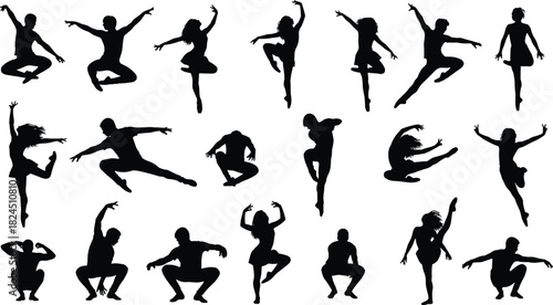 Set of multiple dancing silhouettes, men and women in various dynamic poses, performing ballet, hip hop, and modern contemporary artistic movements