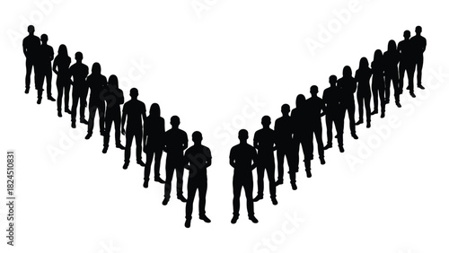 V-shaped formation of human silhouettes isolated on white background, Vector