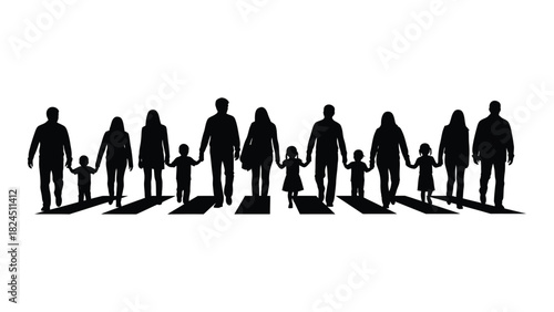 Silhouette of families walking on crosswalk isolated on white background, Vector