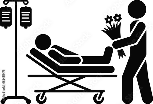 Patient on gurney with iv, visitor bringing flowers pictogram.