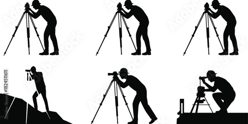 Silhouettes of a photographer, surveyor, or cinematographer using professional cameras or instruments on tripods in various poses.