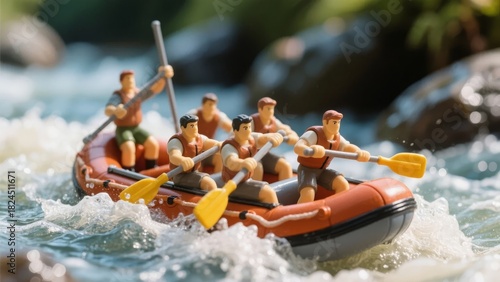 Miniature figures paddling a raft through turbulent river waters