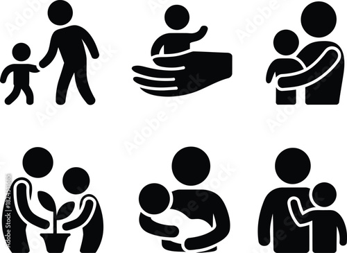 Parental love and child protection silhouette icon collection.