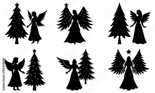 Silhouettes of angels with wings and christmas trees in various arrangements and orientations seen here