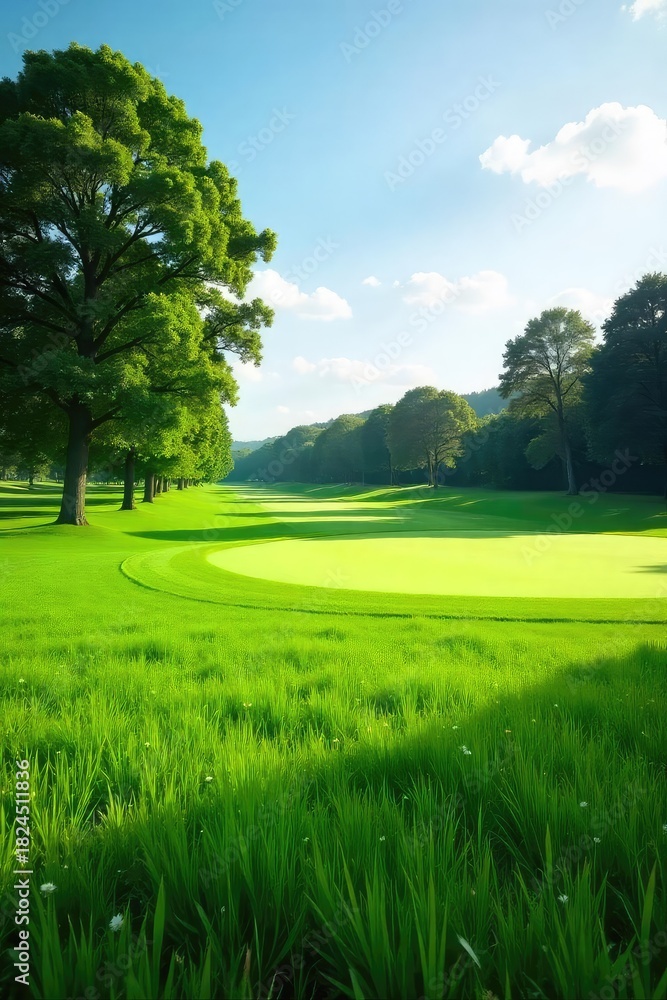 Obraz premium A serene golf course fairway, lush green meadow grasses swaying gently in the breeze, sunlight dappling the landscape Ideal for golf, nature, and tranquility themes , beautiful, green