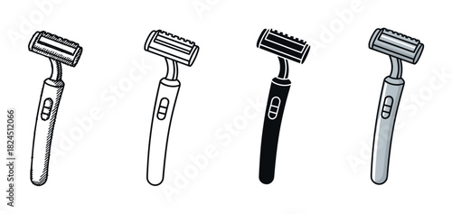 Set of four disposable razor illustrations showing different artistic styles, including a hand-drawn sketch, a simple outline, a black silhouette, and a colored cartoon