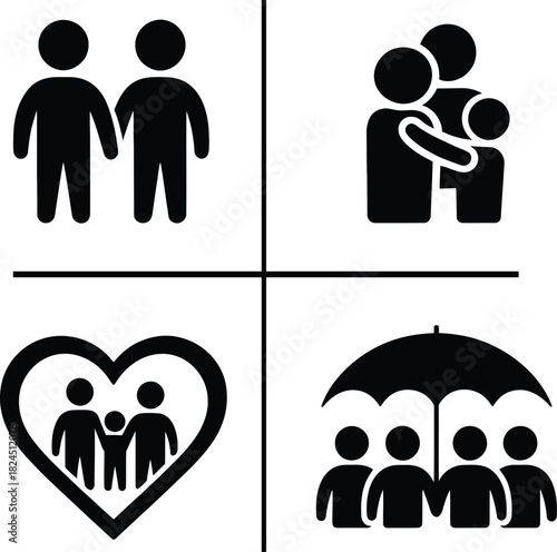 Family, love, protection, security, and social care vector icons
