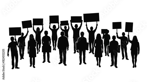 Silhouettes of protesters holding signs isolated on white background, Vector