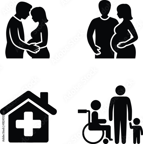 Family, healthcare, pregnancy, disability, home care icon set.