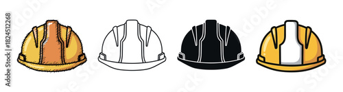 Four construction safety helmet icon variations in different artistic styles including hand-drawn sketch, line art, solid silhouette, and a clean cartoon vector illustration