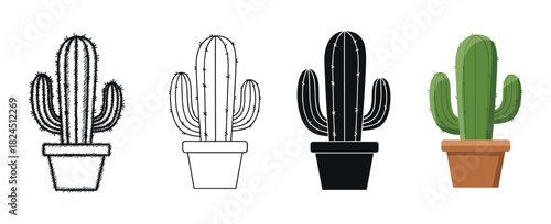 Set of four cactus illustrations in different artistic styles, including hand-drawn sketch, clean line art, solid black silhouette, and a colorful flat cartoon design