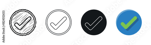 Set of four checkmark icons in various design styles, including a hand-drawn sketch, thin line art, a solid glyph, and a modern flat design symbol for approval or success