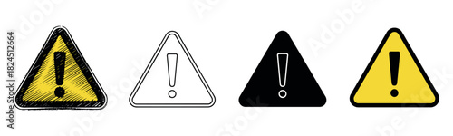 Set of four triangular warning signs with exclamation marks, showcasing different styles including a hand-drawn sketch, simple outline, solid silhouette, and classic yellow design