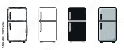 Four different refrigerator vector icon styles, including a doodle sketch, a minimal outline, a black silhouette, and a simple colored cartoon illustration of a kitchen appliance